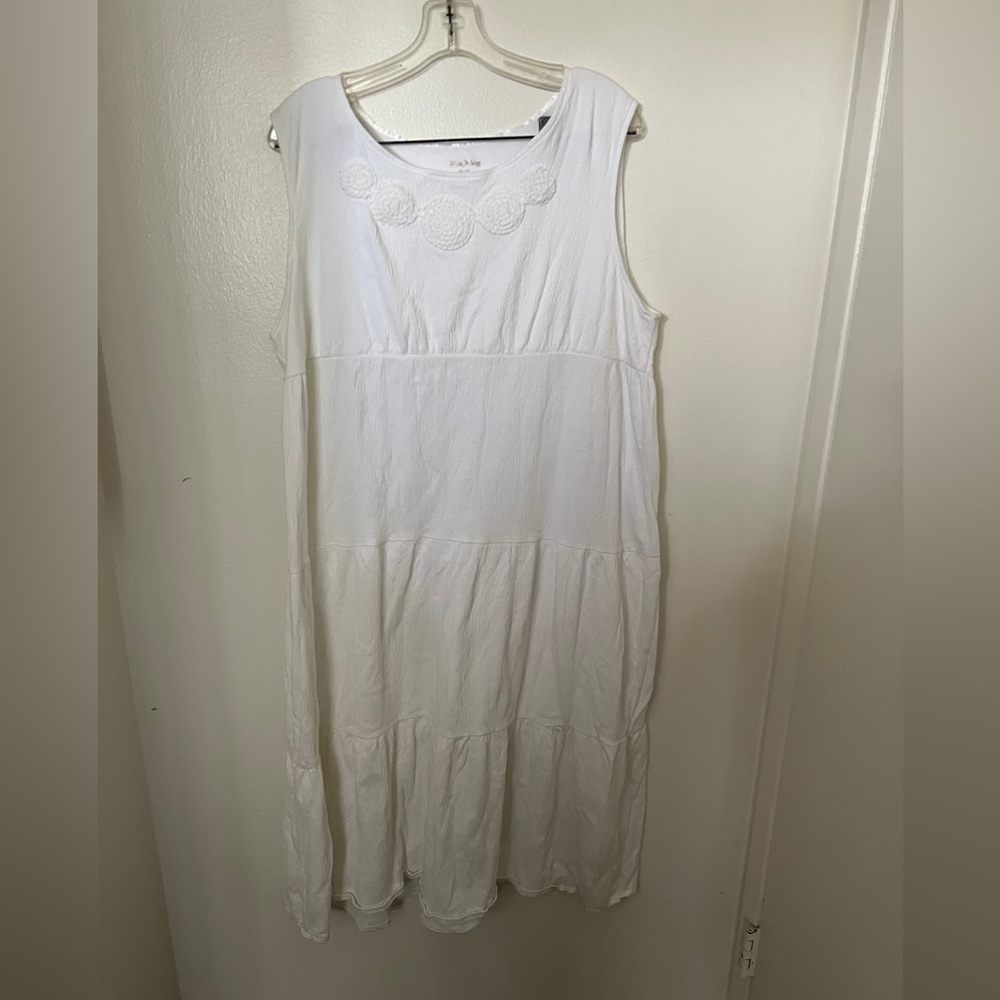 Women’s White Gauzy Tiered Sleeveless Midi Dress Floral Vacation Beachy XL